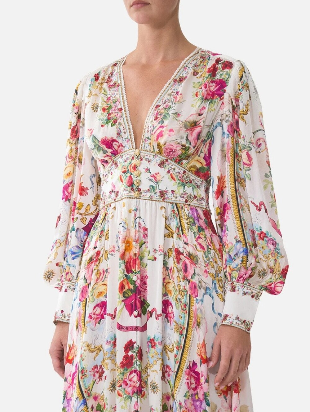 Camilla Shaped Waistband Dress With Gathered Sleeves In Torero Libertine - Picture 4 of 15